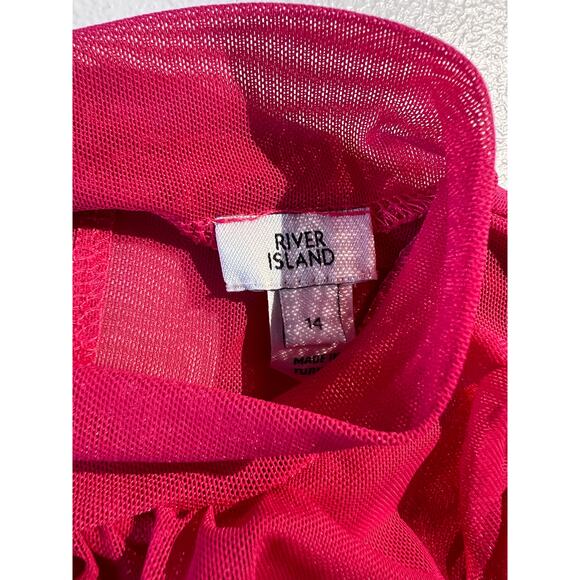 River Island Dress Pink High Neck Midi Mesh Barbiecore Maximalist Retro Party - Picture 7 of 9